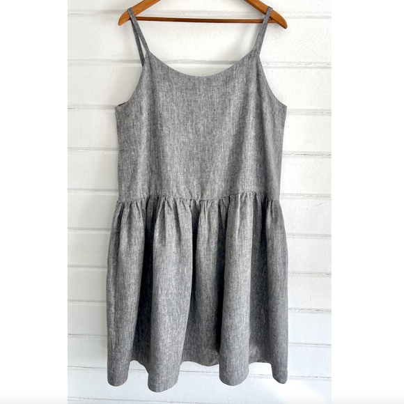 LEN OK LENOK 100% Linen Short Full Strappy Dress in Heather Charcoal - EUC! - L - Picture 1 of 9
